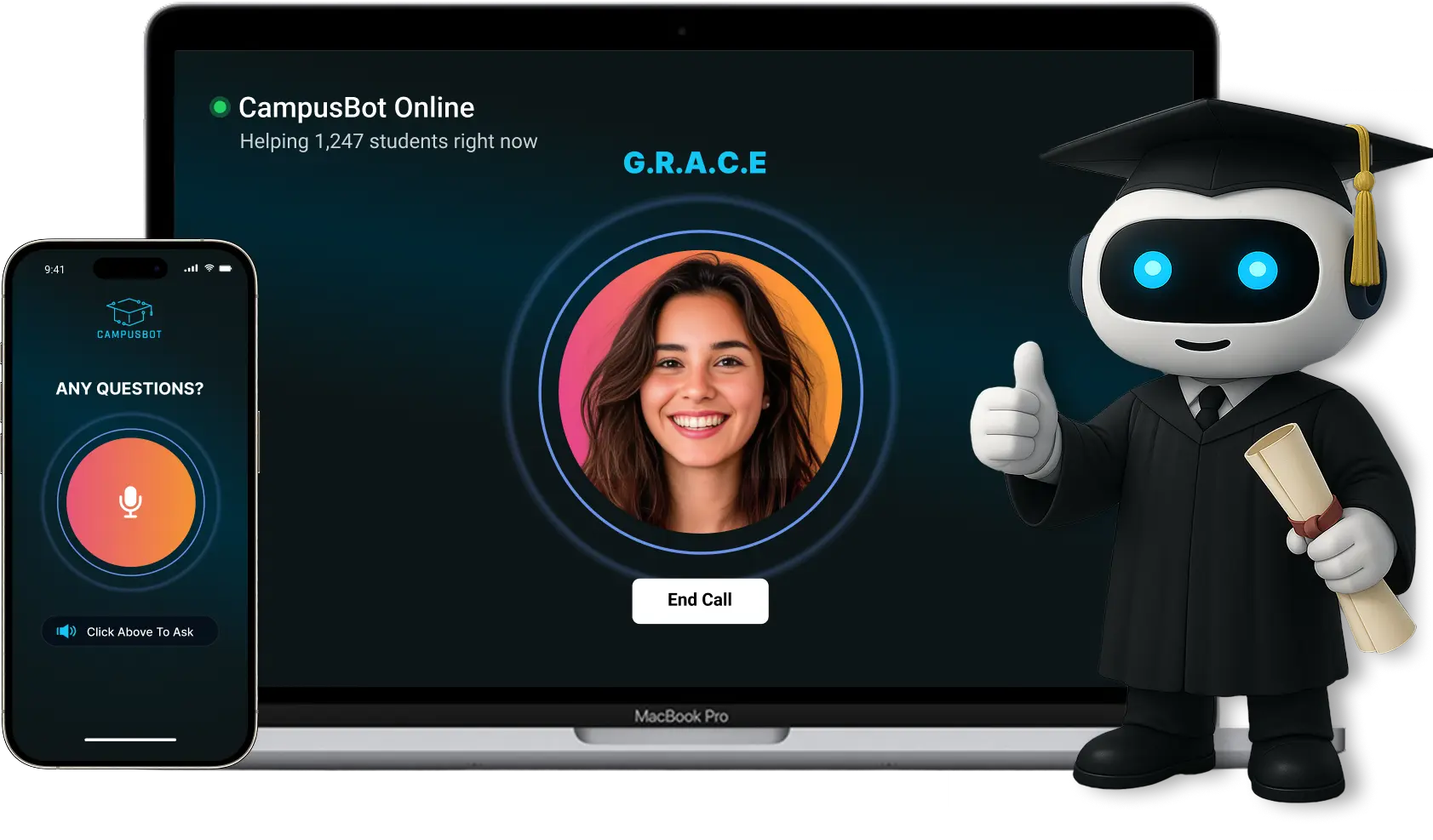 CampusBot voice assistant running on a laptop and phone beside the CampusBot mascot